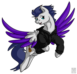 Size: 2115x2019 | Tagged: safe, artist:stormblaze-pegasus, oc, oc only, oc:switch, oc:switch storm, species:pegasus, species:pony, clothing, colored wings, colored wingtips, commission, flying, hoodie, open mouth, solo