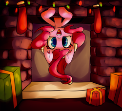 Size: 4500x4102 | Tagged: safe, artist:bloodatius, character:pinkie pie, species:earth pony, species:pony, absurd resolution, chimney, christmas, christmas lights, christmas stocking, clothing, colored pupils, cute, diapinkes, featured on derpibooru, female, fireplace, happy, hat, looking at you, open mouth, present, santa hat, smiling, solo, upside down