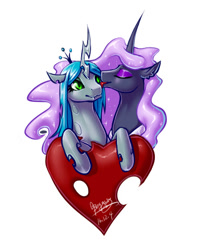 Size: 475x559 | Tagged: safe, artist:begasus, character:nightmare moon, character:princess luna, character:queen chrysalis, species:alicorn, species:changeling, species:pony, ship:chrysmoon, changeling queen, cute, cutealis, eyes closed, female, floppy ears, heart, lesbian, licking, moonabetes, shipping, simple background, tongue out