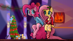 Size: 2112x1188 | Tagged: safe, artist:mang, character:applejack, character:fluttershy, character:pinkie pie, character:rainbow dash, character:rarity, character:spike, character:twilight sparkle, character:twilight sparkle (alicorn), species:alicorn, species:pony, bottomless, bow, christmas, christmas tree, clothing, fire, fireplace, holly, mane seven, mane six, partial nudity, present, ribbon, socks, striped socks, sweater, sweatershy, tree, twilight's castle