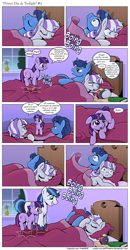 Size: 1200x2312 | Tagged: safe, artist:frank1605, artist:muffinshire, character:night light, character:shining armor, character:twilight sparkle, character:twilight velvet, comic:twilight's first day, ship:nightvelvet, episode:slice of life, g4, my little pony: friendship is magic, bed, bed mane, bedroom, boing, bouncing, comic, facehoof, filly, hopping, pronking, spanish, translation