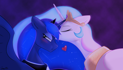 Size: 1280x726 | Tagged: safe, artist:dmann892, character:princess celestia, character:princess luna, ship:princest, blushing, cute, female, heart, incest, kissing, lesbian, lidded eyes, lunabetes, shipping