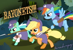 Size: 1076x742 | Tagged: source needed, safe, artist:slitherpon, character:applejack, character:lyra heartstrings, character:rainbow dash, bayonet, gun, horses and bayonets, military, musket, weapon