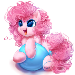 Size: 2000x2000 | Tagged: safe, artist:peachmayflower, character:pinkie pie, species:earth pony, species:pony, :3, balloon, behaving like a cat, cheek fluff, chest fluff, cute, diapinkes, dog lip, ear fluff, featured on derpibooru, female, fluffy, happy, heart, heart eyes, hnnng, leg fluff, messy mane, open mouth, simple background, smiling, snuggling, solo, weapons-grade cute, white background, wingding eyes