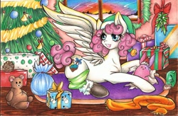 Size: 1024x673 | Tagged: safe, artist:bunnywhiskerz, oc, oc only, oc:dandy candy, species:pegasus, species:pony, bell, candy, candy cane, christmas ornament, christmas tree, clothing, colored pencil drawing, decoration, elf hat, food, hat, mistletoe, open mouth, present, prone, ribbon, scarf, smiling, snow, socks, solo, spread wings, sun, sunrise, teddy bear, traditional art, tree, wings