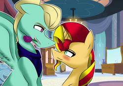 Size: 3484x2456 | Tagged: safe, artist:sapphireartemis, character:sunset shimmer, character:zephyr breeze, species:pony, blushing, crack shipping, flower, flower in mouth, male, mouth hold, rose, shipping, sidemouth, straight, sunbreeze