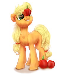 Size: 1800x2100 | Tagged: safe, artist:peachmayflower, character:applejack, apple, blank flank, cute, female, food, hatless, jackabetes, missing accessory, simple background, smiling, solo, that pony sure does love apples, white background, younger