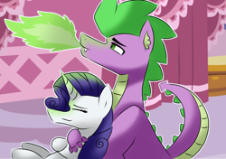 Size: 1024x722 | Tagged: safe, artist:sapphireartemis, character:rarity, character:spike, species:dragon, species:pony, species:unicorn, ship:sparity, cuddling, dragonfire, eyes closed, female, fire, fire breath, green fire, hug, lidded eyes, male, mare, older, older spike, shipping, sitting, smiling, straight