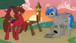 Size: 13333x7500 | Tagged: safe, artist:besttubahorse, artist:paintponi, oc, oc only, oc:starhammer, species:pegasus, species:pony, absurd resolution, clock tower, collaboration, duo male, male, smiling, sunset, table, tools, tree, vector