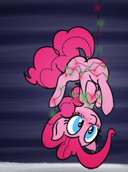 Size: 1182x1592 | Tagged: safe, artist:mang, character:pinkie pie, 30 minute art challenge, blushing, christmas lights, female, plot, solo, suspended, upside down