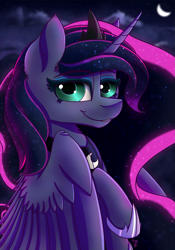 Size: 1399x2000 | Tagged: safe, artist:midnightsix3, character:princess luna, lunadoodle, cloud, cute little fangs, fangs, female, looking at you, moon, night, smiling, solo, stars