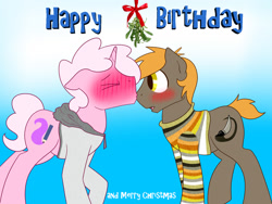 Size: 1600x1200 | Tagged: safe, artist:timidwithapen, oc, oc only, oc:drawalot, oc:umber, birthday, blushing, clothing, gay, jumper, kissing, male, mistletoe