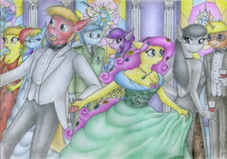 Size: 2336x1637 | Tagged: safe, artist:sinaherib, character:big mcintosh, character:fluttershy, character:octavia melody, character:princess celestia, character:princess luna, character:rainbow dash, character:soarin', character:spitfire, character:twilight sparkle, character:twilight sparkle (alicorn), species:alicorn, species:anthro, species:pony, ship:fluttermac, alcohol, breasts, busty fluttershy, cleavage, clothing, dragging, dress, female, grand galloping gala, male, mosaic, shipping, straight, suit, traditional art, wine, worried