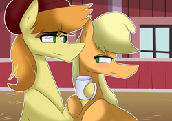 Size: 1024x722 | Tagged: safe, artist:sapphireartemis, character:applejack, character:braeburn, ship:braejack, applecest, blushing, cider, incest, male, shipping, straight
