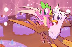 Size: 5100x3300 | Tagged: source needed, safe, artist:meekcheep, character:spike, oc, oc:silver quill, species:classical hippogriff, species:hippogriff, absurd resolution, banquet, non-pony oc, ponycon