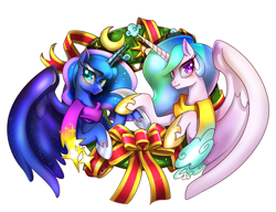 Size: 3000x2300 | Tagged: safe, artist:renokim, character:princess celestia, character:princess luna, bow, christmas wreath, clothing, royal sisters, scarf, simple background, transparent background