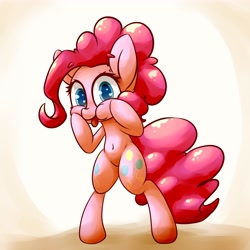 Size: 5000x5000 | Tagged: safe, artist:bloodatius, character:pinkie pie, species:pony, abstract background, absurd resolution, belly button, bipedal, cheek squish, colored pupils, cute, diapinkes, ear fluff, female, heart eyes, looking at you, silly, silly pony, solo, squishy cheeks, tongue out, wingding eyes