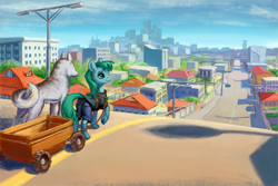 Size: 1000x666 | Tagged: safe, artist:adeptus-monitus, oc, oc only, oc:lonely day, species:dog, species:earth pony, species:pony, fanfic:the last pony on earth, cart, city, cityscape, clothing, female, hooves, mare, ponies after people, raised hoof, solo