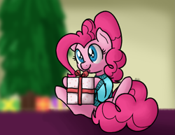 Size: 1619x1251 | Tagged: safe, artist:mang, character:pinkie pie, christmas, christmas tree, female, present, solo, tongue out, tree