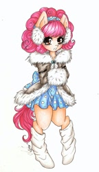 Size: 1024x1778 | Tagged: safe, artist:bunnywhiskerz, oc, oc only, oc:sock hop, species:anthro, blushing, clothing, cute, earmuffs, jacket, muff, ocbetes, simple background, skirt, socks, solo, traditional art, white background