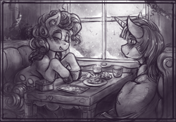 Size: 1900x1319 | Tagged: safe, artist:bantha, character:pinkie pie, character:twilight sparkle, character:twilight sparkle (unicorn), species:earth pony, species:pony, species:unicorn, ship:twinkie, g4, candy, chocolate, female, food, grayscale, lesbian, monochrome, shipping, snow, sweets