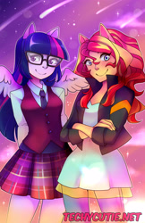 Size: 3300x5100 | Tagged: safe, artist:asparagusapparatus, artist:techycutie, character:sunset shimmer, character:twilight sparkle, character:twilight sparkle (scitwi), species:eqg human, ship:scitwishimmer, ship:sunsetsparkle, my little pony:equestria girls, absurd resolution, female, lesbian, ponied up, shipping