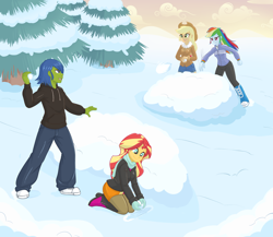 Size: 2470x2140 | Tagged: safe, artist:rapps, character:applejack, character:rainbow dash, character:sunset shimmer, oc, oc:rally flag, my little pony:equestria girls, snow, snowball, snowball fight, tree