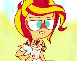 Size: 1223x968 | Tagged: safe, artist:psychodiamondstar, character:daydream shimmer, character:sunset shimmer, equestria girls:friendship games, g4, my little pony: equestria girls, my little pony:equestria girls, clothing, daydream shimmer, dress, female, glowing wings, reaching out, scene interpretation, smiling, solo, take my hand