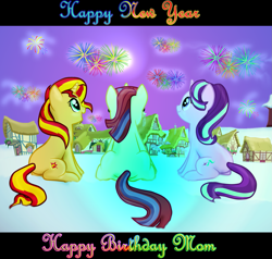 Size: 1495x1421 | Tagged: safe, artist:majkashinoda626, character:moondancer, character:starlight glimmer, character:sunset shimmer, species:pony, species:unicorn, counterparts, cute, female, fireworks, glasses, glimmerbetes, happy birthday, happy new year, happy new year 2017, heartwarming description, looking up, mare, night, open mouth, ponyville, rear view, shimmerbetes, sitting, smiling, snow, trio, twilight's counterparts