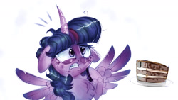 Size: 1280x720 | Tagged: safe, artist:v747, character:twilight sparkle, character:twilight sparkle (alicorn), species:alicorn, species:pony, allergies, cake, chest fluff, curved horn, female, floppy ears, fluffy, food, frown, gritted teeth, mare, messy mane, scared, simple background, solo, spread wings, white background, wide eyes, wings