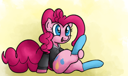 Size: 1792x1061 | Tagged: safe, artist:mang, character:pinkie pie, clothing, female, hoodie, open mouth, smiling, socks, solo