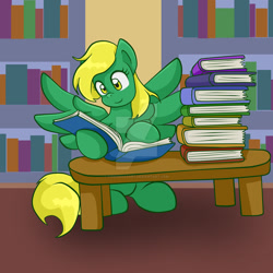 Size: 1024x1024 | Tagged: safe, artist:yoshimarsart, oc, oc only, oc:summer raine, species:pegasus, species:pony, book, female, mare, reading, solo, table, watermark