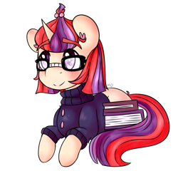 Size: 943x907 | Tagged: safe, artist:cinnamonsparx, character:moondancer, book, clothing, cute, dancerbetes, female, prone, solo, sweater