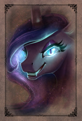 Size: 1228x1818 | Tagged: safe, artist:begasus, character:nightmare moon, character:princess luna, bust, evil grin, eyelashes, eyeshadow, fangs, female, glowing eyes, grin, makeup, missing accessory, portrait, slit eyes, smiling, solo