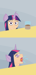 Size: 758x1588 | Tagged: safe, artist:adlaz, character:twilight sparkle, chocolate, chocolate milk, choking, everything is fixed, everything went better than expected, exploitable meme, meme, milk, object stuffing, sphinxlight sparkle, spilled milk, this will end in tears and/or death, throat bulge