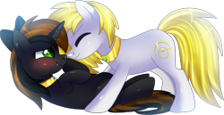 Size: 1878x971 | Tagged: safe, artist:sugguk, oc, oc only, oc:cadent light, oc:catrina mewale, species:earth pony, species:pony, species:unicorn, bow, female, hair bow, mare, nuzzling, on back, simple background, transparent background