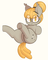 Size: 931x1171 | Tagged: safe, artist:toroitimu, oc, oc only, oc:luca, species:bat pony, species:pony, chubby, cute little fangs, fangs, looking at you, plot, plump, simple background, smiling, solo, underhoof, yellow background