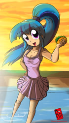 Size: 1383x2476 | Tagged: safe, artist:ryured, character:sonata dusk, equestria girls:rainbow rocks, g4, my little pony: equestria girls, my little pony:equestria girls, beach, breasts, cleavage, clothing, female, food, human coloration, looking at you, open mouth, request, requested art, smiling, solo, sonataco, sunset, swimsuit, taco
