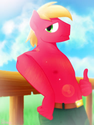 Size: 1200x1600 | Tagged: safe, artist:timidwithapen, character:big mcintosh, species:anthro, bare chest, clothing, lens flare, male, partial nudity, solo, stupid sexy big macintosh, thumbs up, topless