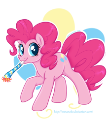 Size: 700x800 | Tagged: safe, artist:onnanoko, character:pinkie pie, species:earth pony, species:pony, cute, cutie mark background, diapinkes, female, mare, noisemaker, party horn, simple background, solo, transparent background