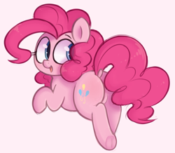 Size: 850x742 | Tagged: dead source, safe, artist:toroitimu, character:pinkie pie, species:earth pony, species:pony, cute, diapinkes, dock, featureless crotch, female, looking back, mare, open mouth, pink background, plot, simple background, smiling, solo, underhoof, white background
