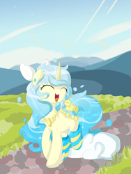 Size: 2000x2656 | Tagged: safe, artist:xsidera, oc, oc only, oc:bubble bub, oc:squee, species:duck, species:pony, bow, clothing, eyes closed, female, hair bow, high res, mare, original species, pet, pet oc, pond pony, socks, striped socks, walking