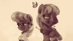 Size: 3000x1716 | Tagged: safe, artist:v747, character:big mcintosh, character:cheerilee, species:earth pony, species:pony, ship:cheerimac, male, monochrome, sepia, shipping, stallion, straight