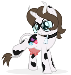 Size: 6667x7000 | Tagged: safe, artist:besttubahorse, oc, oc only, oc:pyrisa miracles, species:cow, absurd resolution, bell, bell collar, collar, cow pony, cowbell, cowified, cutie mark, glasses, raised leg, simple background, smiling, solo, species swap, transformation, transparent background, udder, vector