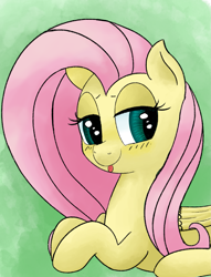 Size: 1273x1669 | Tagged: safe, artist:mang, character:fluttershy, blushing, cute, female, looking at you, prone, simple background, solo, tongue out