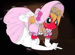 Size: 2500x1821 | Tagged: safe, artist:avchonline, character:big mcintosh, species:anthro, alice in wonderland, bonnet, bow, clothing, crawling, crossdressing, dress, evening gloves, gloves, jewelry, lace, male, pinafore, rabbit hole, ribbon, sissy, solo, tiara