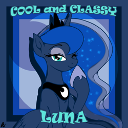 Size: 1000x1000 | Tagged: safe, artist:acesrockz, character:princess luna, species:alicorn, species:pony, blushing, chest fluff, classy, cool, cute, ear fluff, female, looking at you, lunabetes, mare, one eye closed, smiling, solo, wink