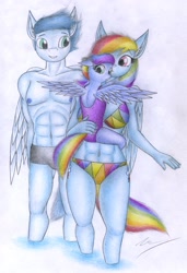 Size: 1500x2198 | Tagged: safe, artist:sinaherib, character:rainbow dash, character:soarin', oc, oc:rainfall, parent:rainbow dash, parent:soarin', parents:soarindash, species:anthro, species:pegasus, species:pony, ship:soarindash, bare chest, bikini, clothing, family, female, filly, male, offspring, one-piece swimsuit, open-back swimsuit, partial nudity, shipping, straight, swimsuit, topless, traditional art, water