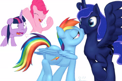 Size: 3000x2000 | Tagged: safe, artist:stillwaterspony, character:pinkie pie, character:princess luna, character:rainbow dash, character:twilight sparkle, character:twilight sparkle (alicorn), species:alicorn, species:pony, ship:lunadash, cheering, female, kissing, lesbian, shipping, shocked, surprise kiss, surprised