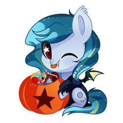 Size: 1000x1000 | Tagged: safe, artist:hikariviny, oc, oc only, oc:dream catcher, species:bat pony, species:pony, chibi, female, halloween, holiday, jack-o-lantern, mare, pumpkin, simple background, solo, starry eyes, tongue out, transparent background, wingding eyes